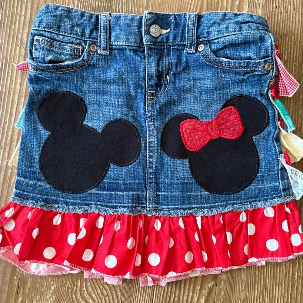 Disney themed Up cycled Denim Mickey / Minnie Ruffle skirt 6 ruffled back side